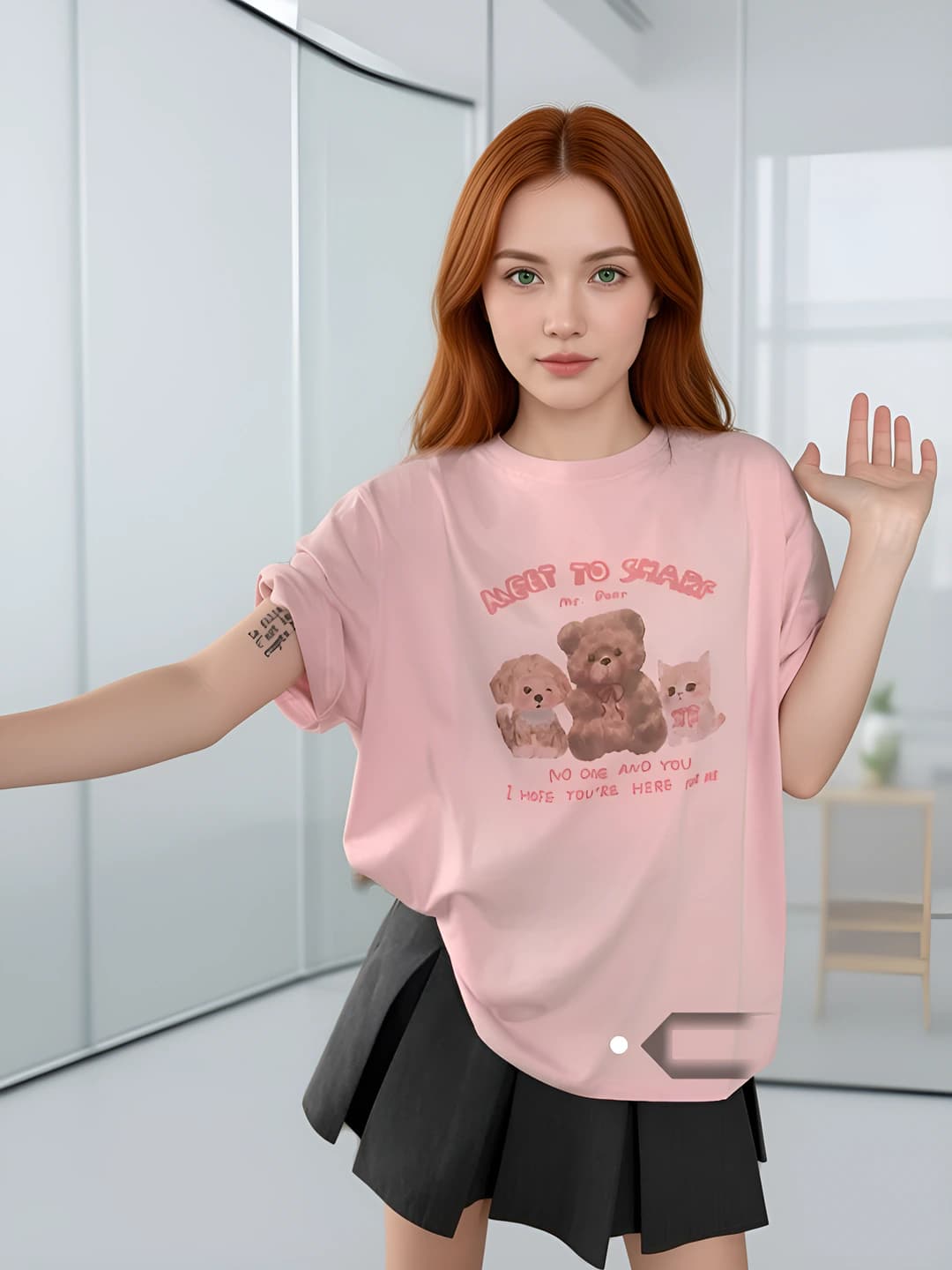 Women's 2026 summer retro bear and letter printed short sleeve loose fit crew neck t-shirt