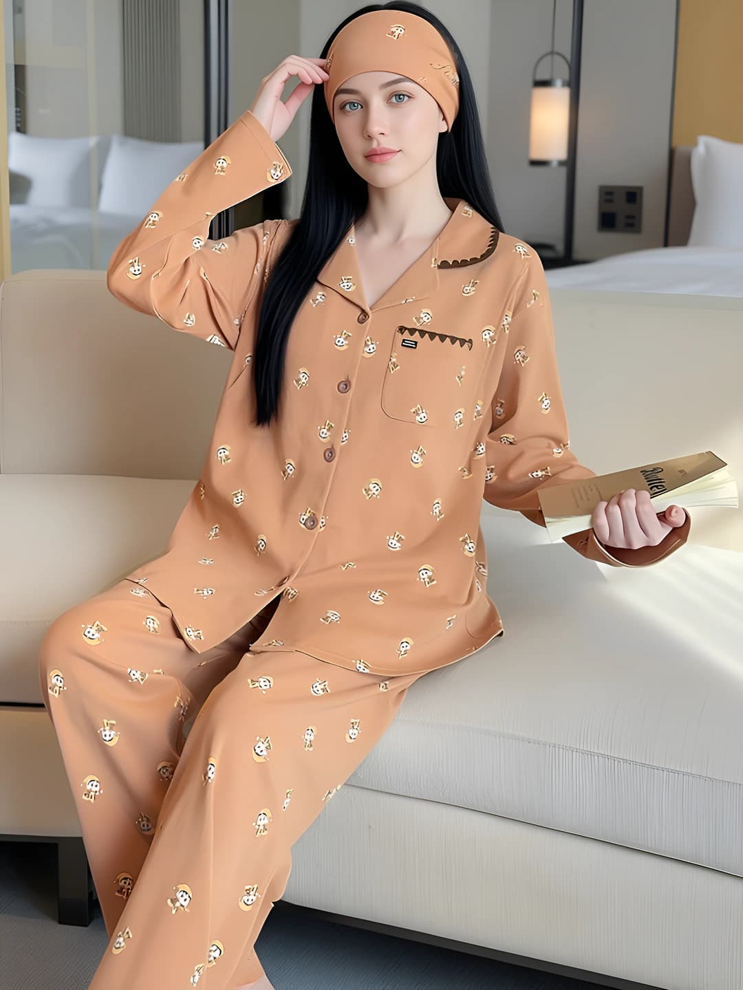 Women's 2026 summer pure cotton maternity pajama set with breast pads and headscarf, breathable for sleeping and nursing