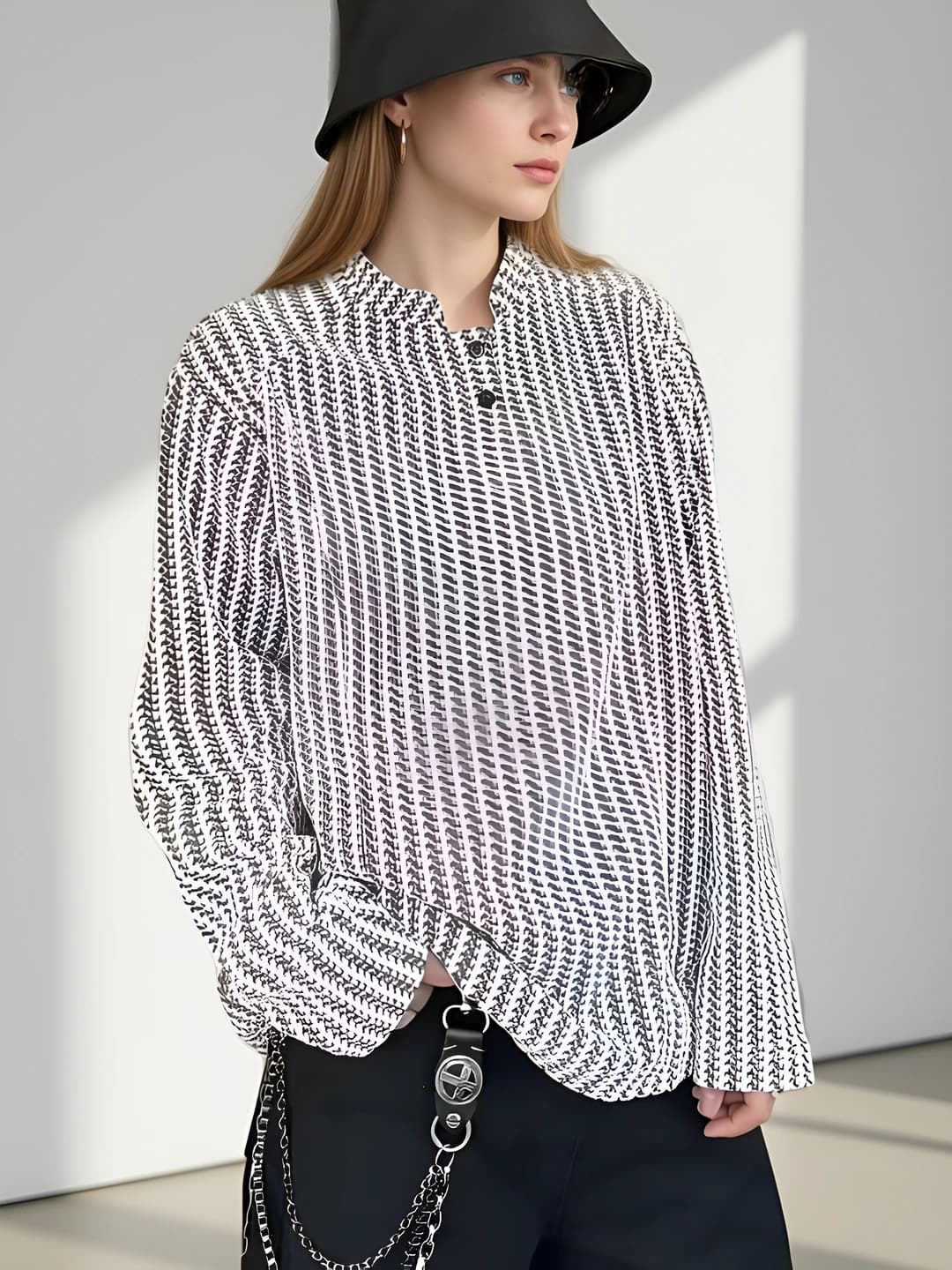 Women's long-sleeve henley top, autumn, polyester, houndstooth pattern, casual style