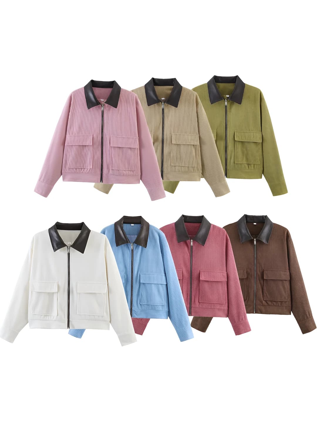 Women's casual retro style zip jacket, long sleeve, POLO collar, corduroy fabric and leather collar