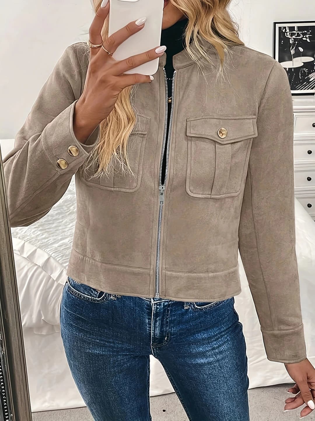Women's 2026 autumn-winter demiseason jacket, long sleeve, stand collar, zip, polyester, casual style