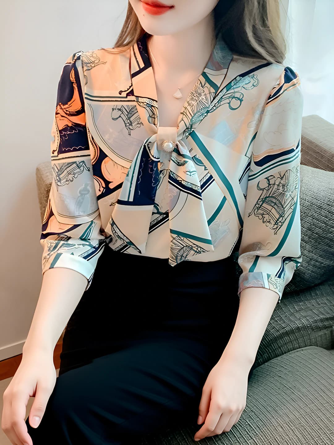 Women's printed chiffon blouse, spring-summer, short sleeve, three-quarter sleeve, long sleeve, crew neck, 2026