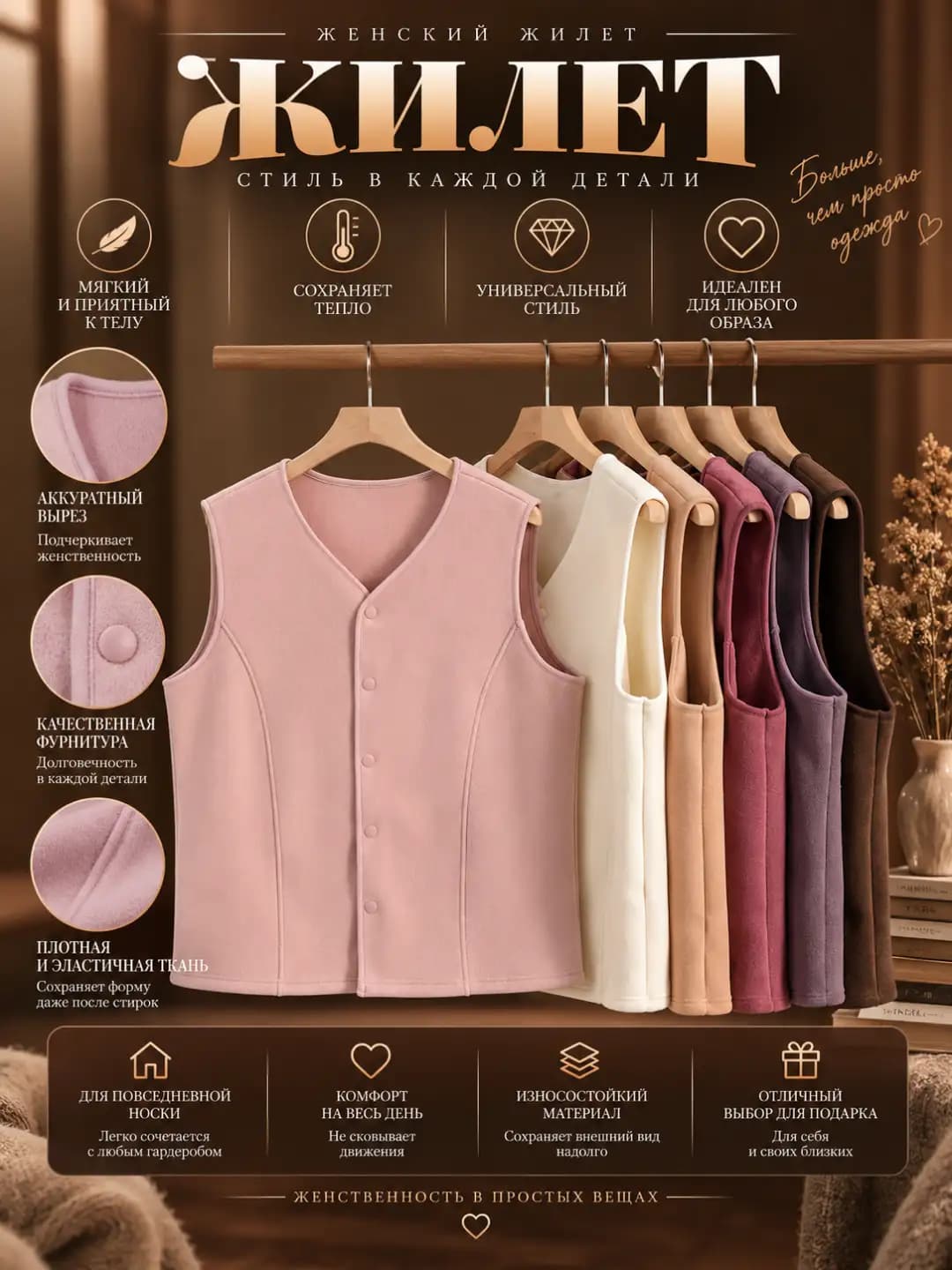 Women's fleece-lined vest, V-neck, autumn-winter