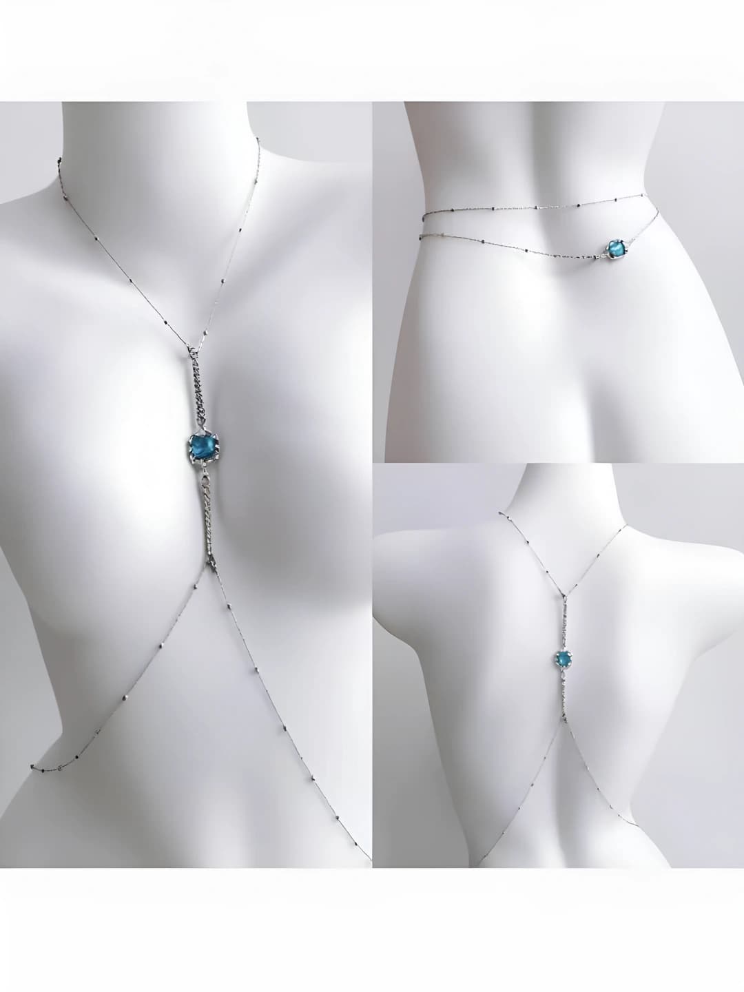 Women's blue sparkling beaded body chain with tassels and rhinestones, skirt decoration