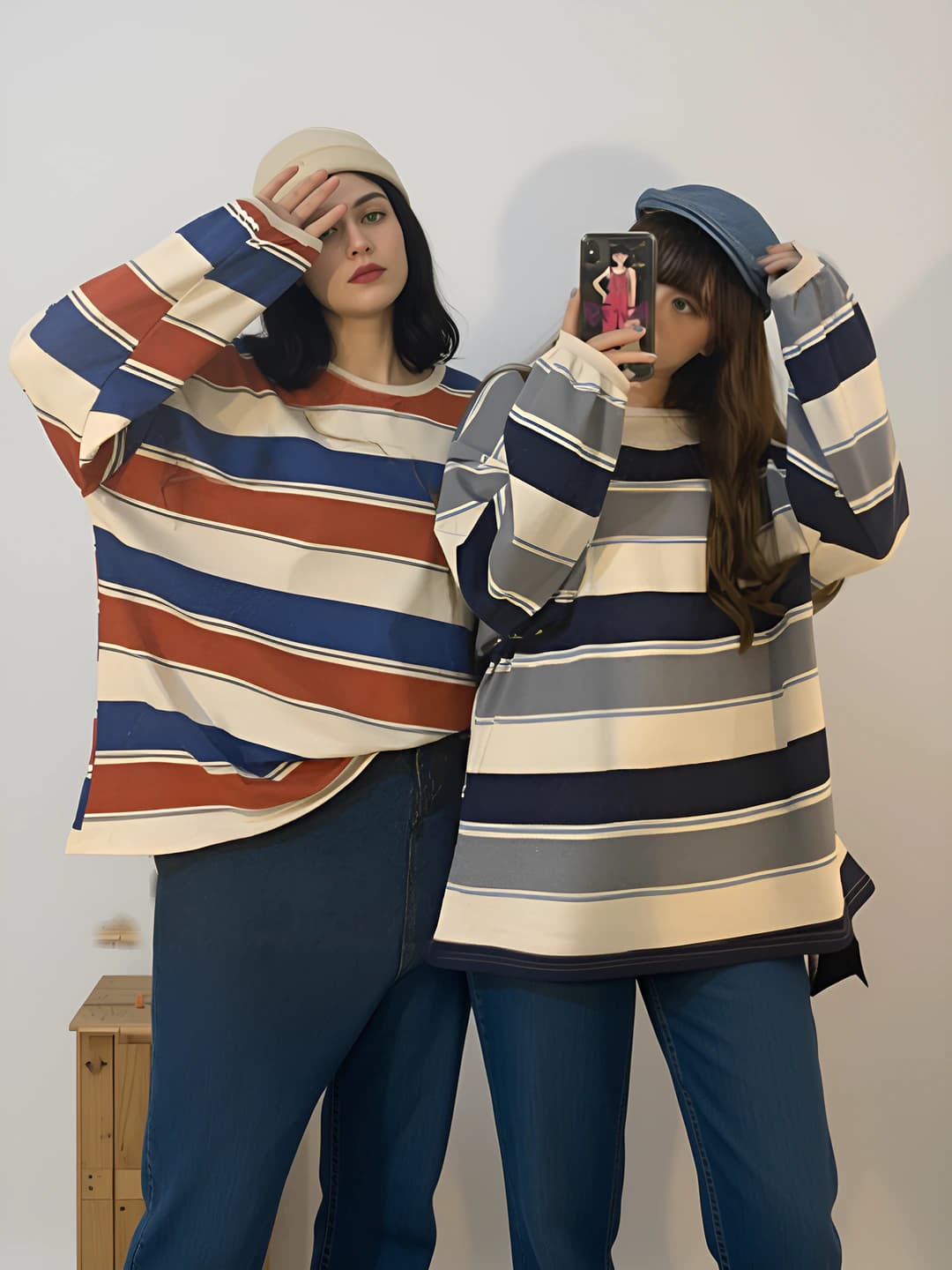 Women's striped long-sleeve base top, Korean style, loose fit, crew neck, spring-autumn