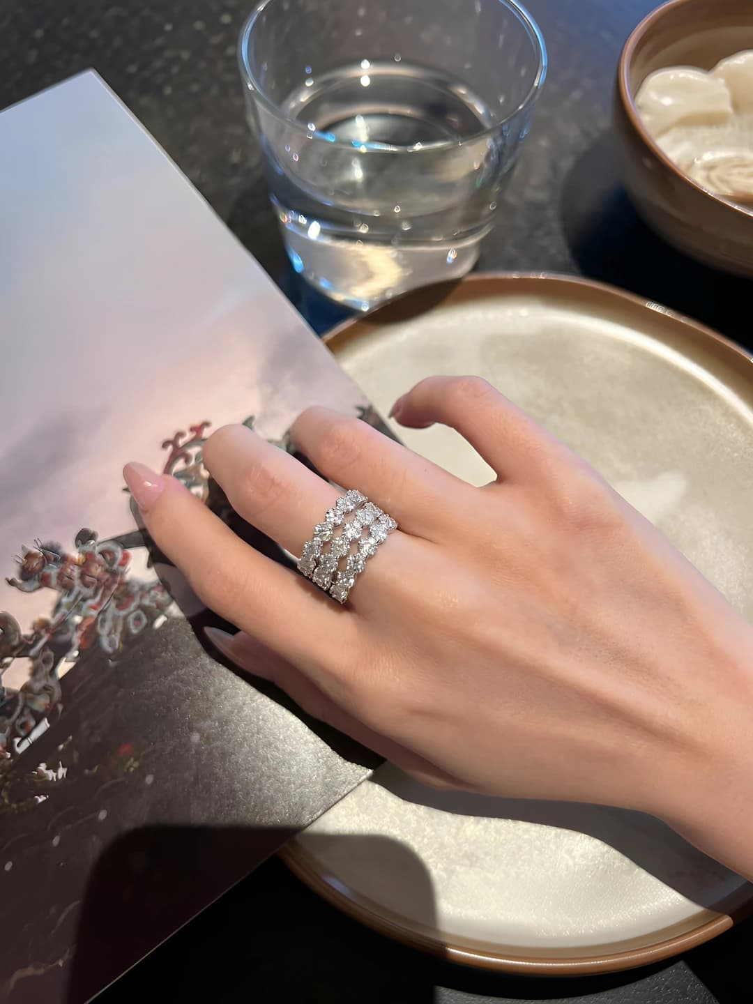 Women's wide, adjustable, three-layer ring with zircon, silver-plated, with geometric design element, in ins style