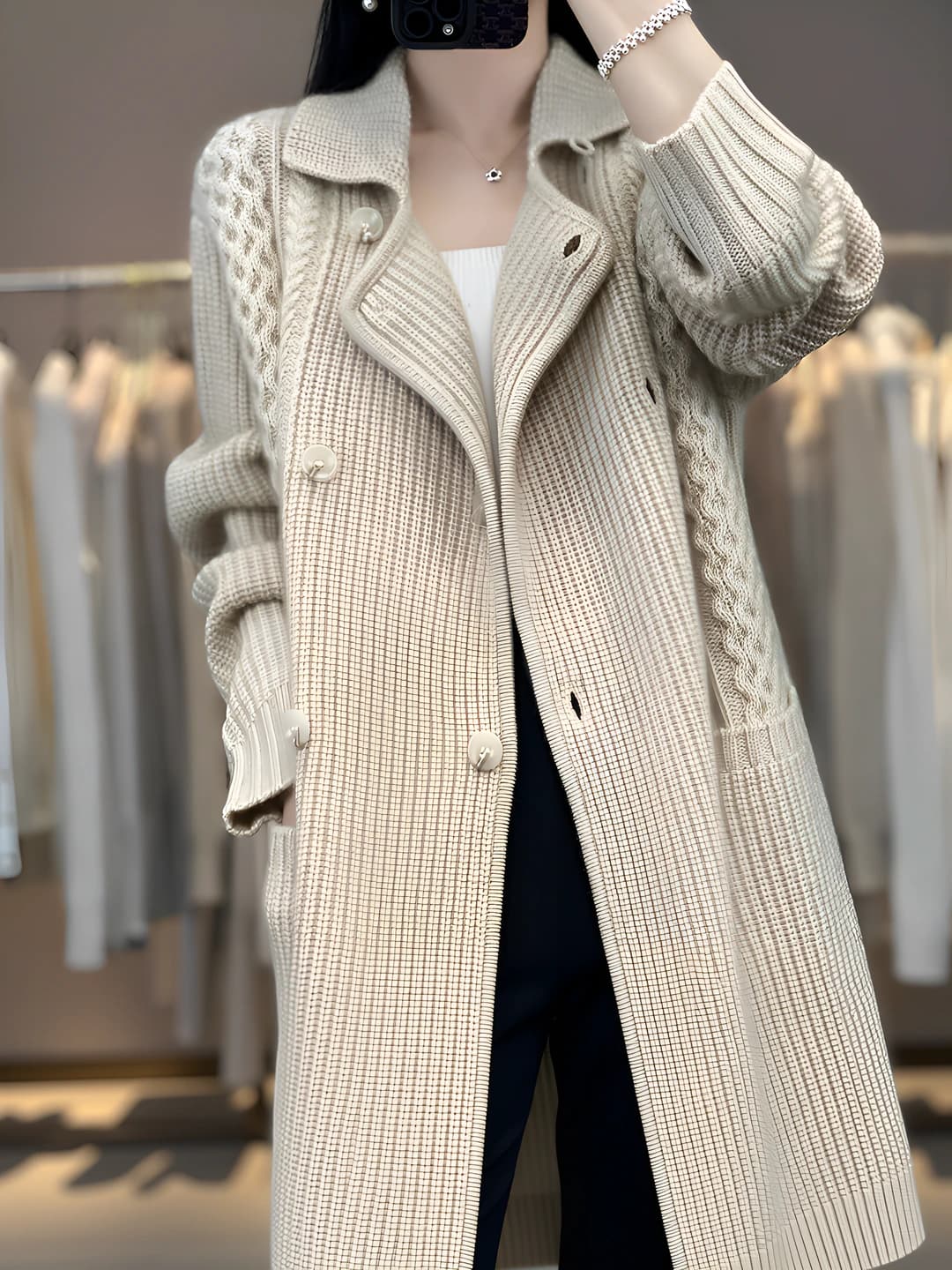 Women's mid-length thickened knit cardigan, blazer collar, long sleeve, Korean style