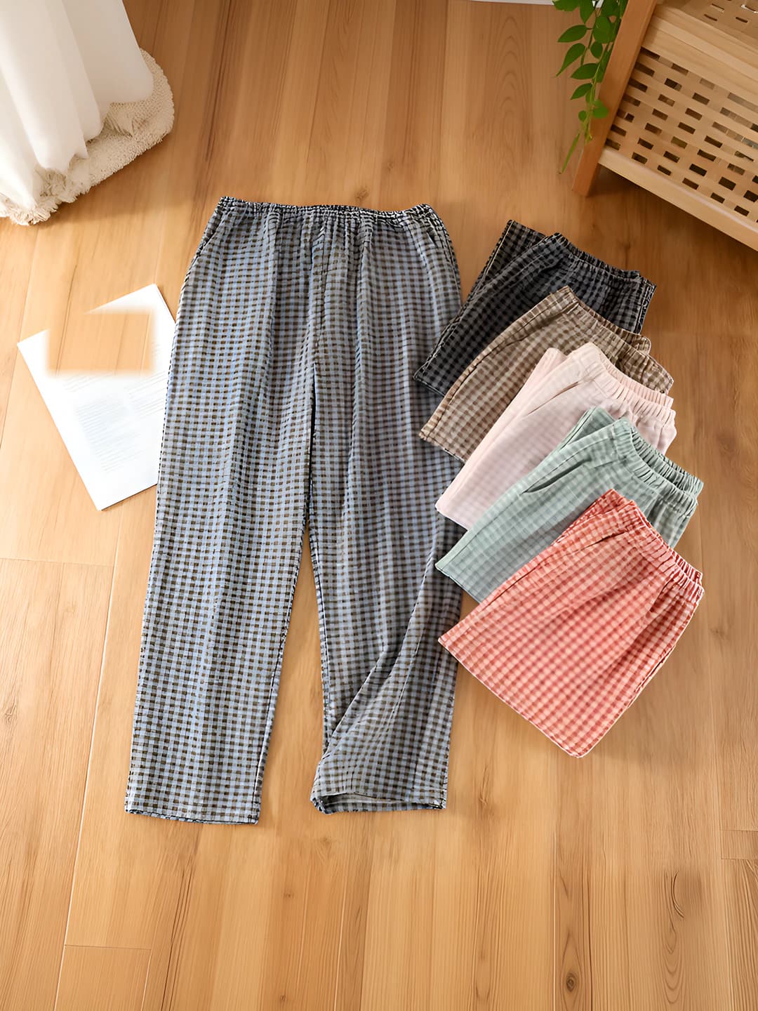 Women's checked home trousers for autumn-winter, polyester fabric, Korean style