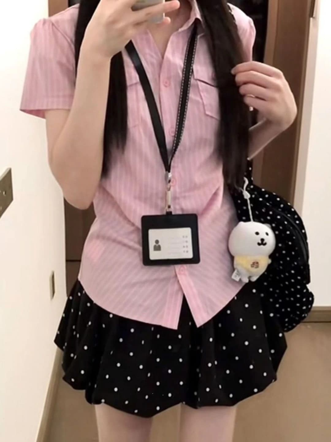 Pink top + polka dot skirt