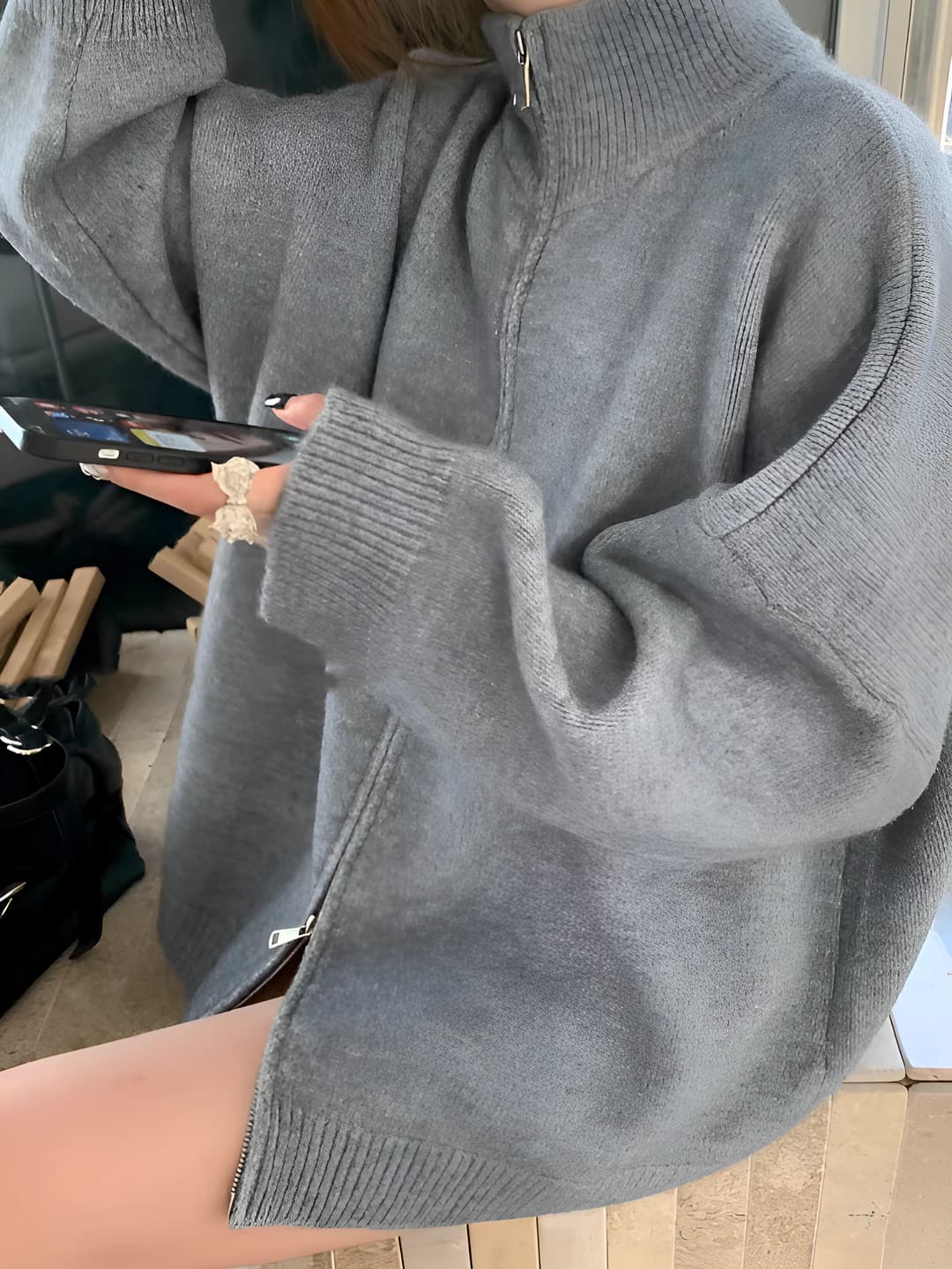Women's autumn-winter cardigan, loose fit, stand collar and high neck, double zip, solid colour, casual style, cashmere-look knit