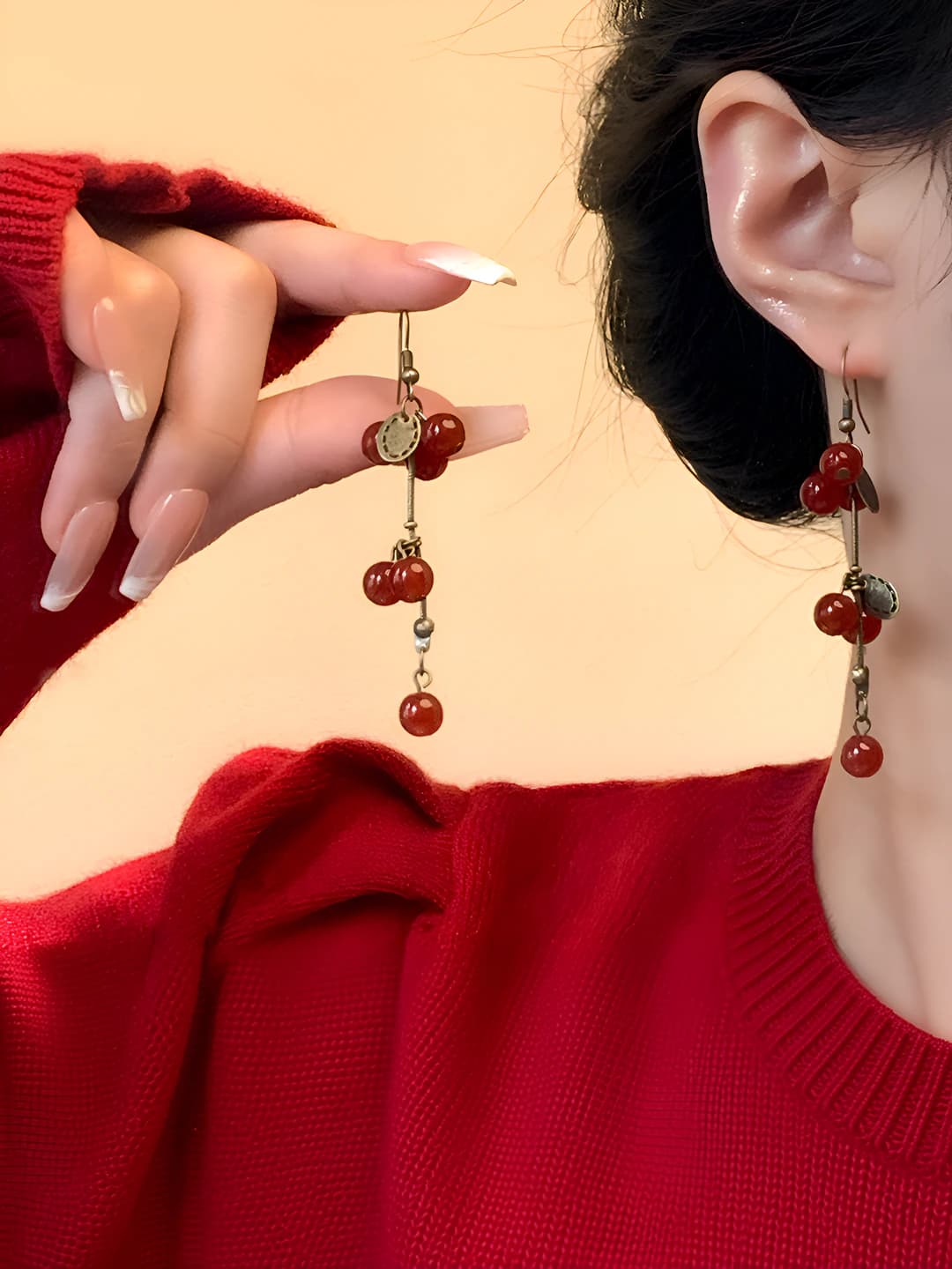 Women's retro long tassel earrings, red berry design, fresh and sweet style