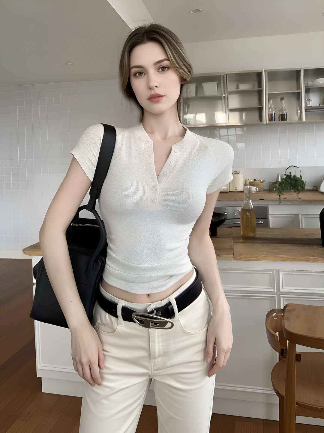 Women's summer short-sleeve button-placket t-shirt, slim fit, solid colour