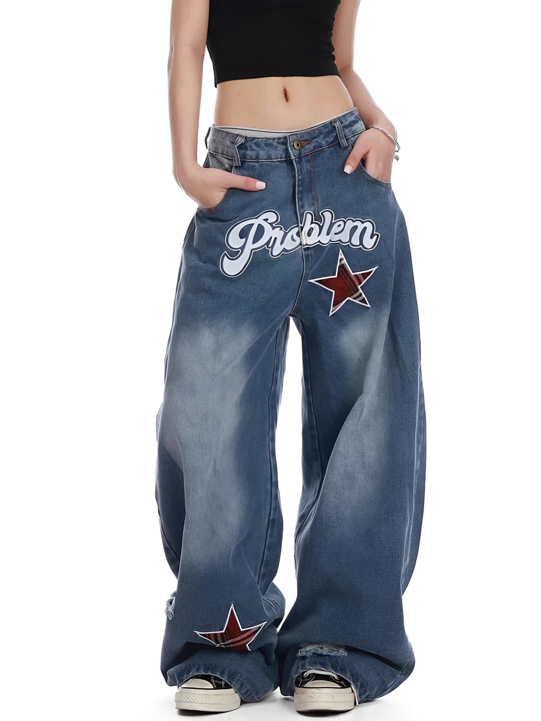 Ayollar uchun retro yozgi kundalik keng va klesh jinsi shimlar, baland bel, yulduz naqshli, bo'sh (oversize) kesim