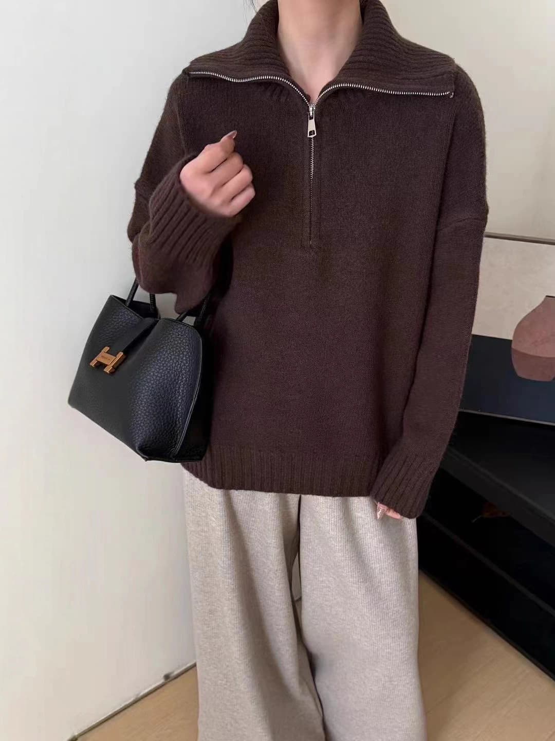 Women's plus size loose fit knit sweater, half-zip, lapel collar, long sleeve, solid colour