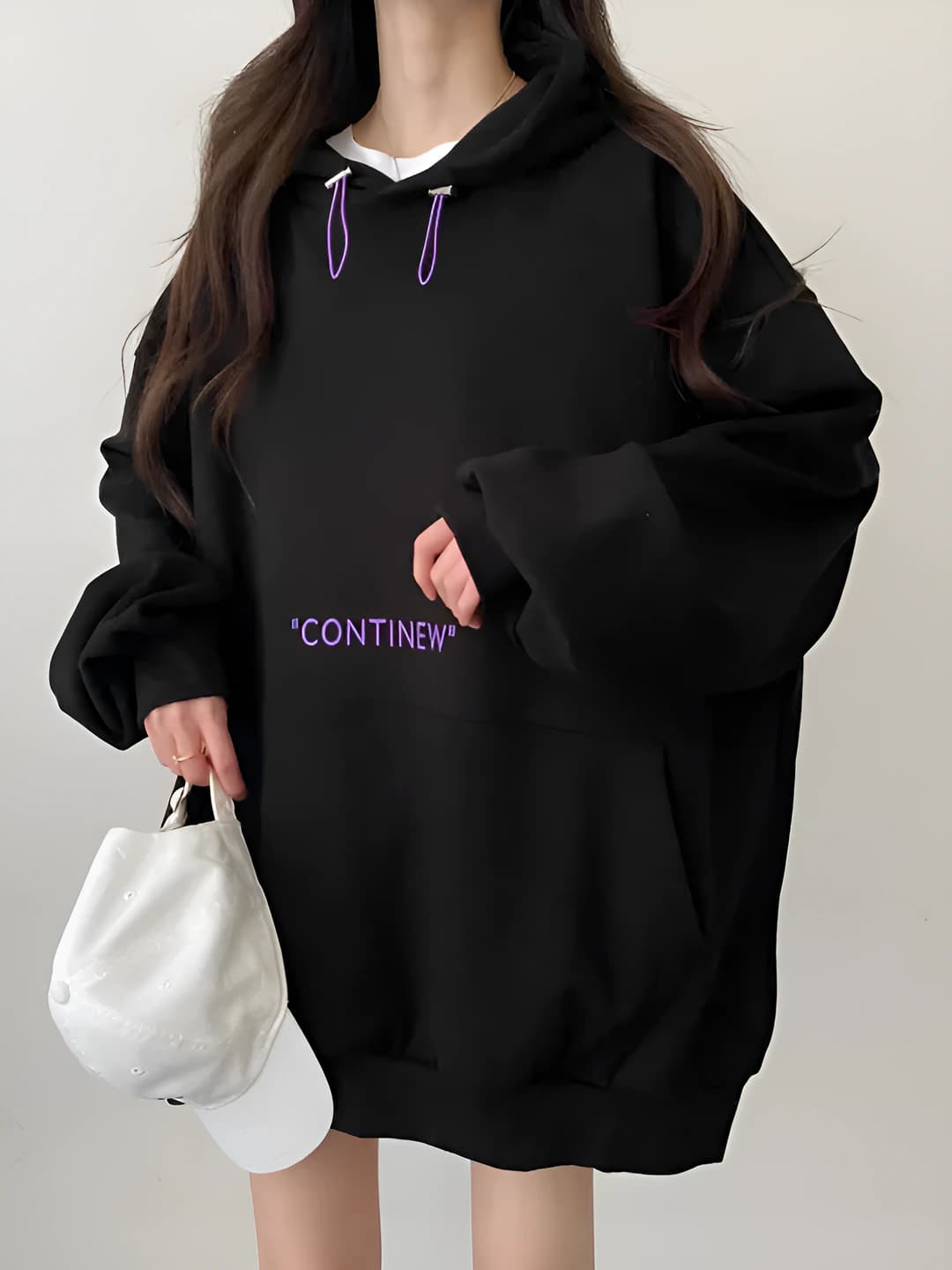 Women's black oversized fleece-lined hoodie, solid colour, Korean style, spring-autumn 2026