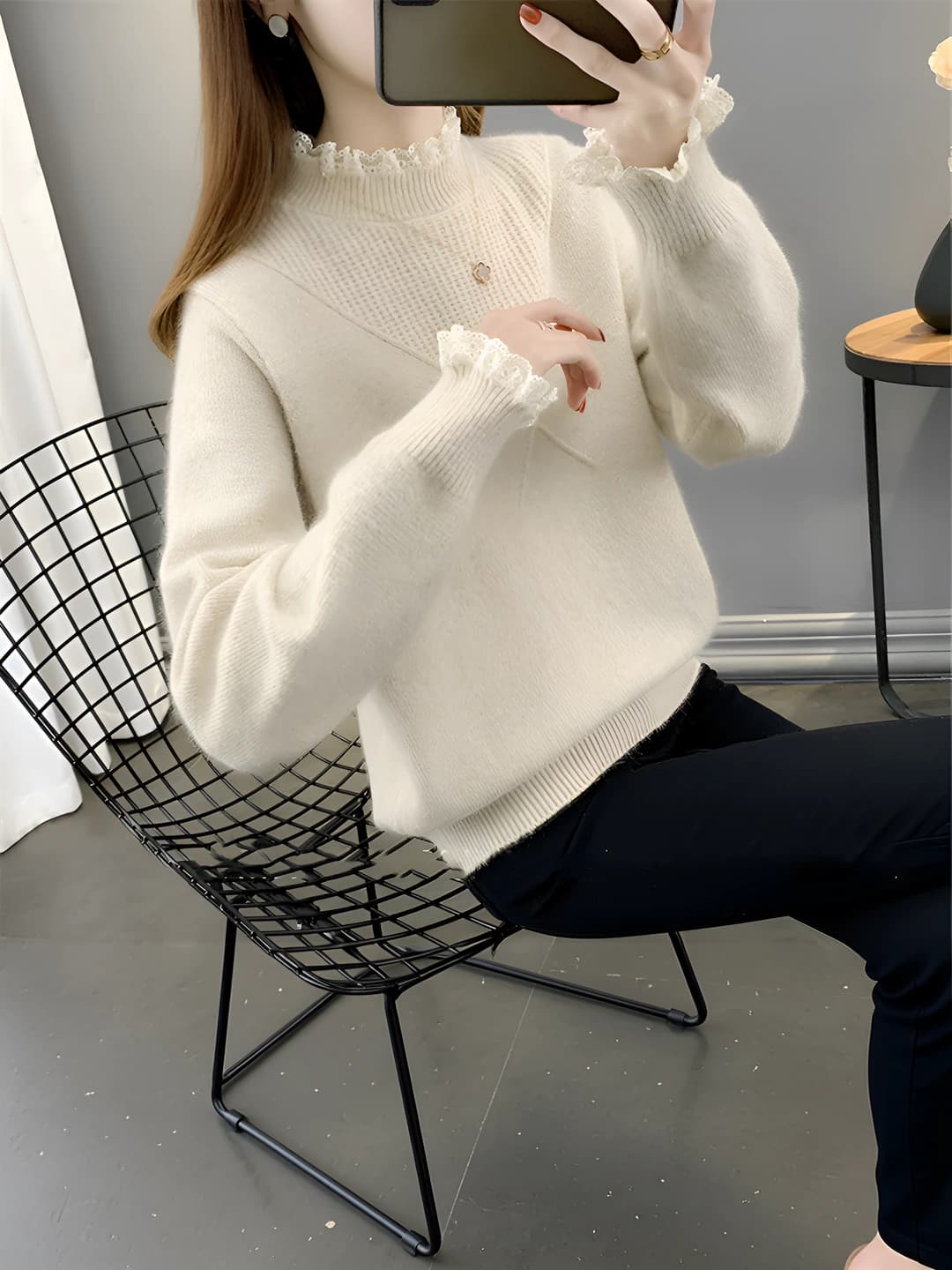 Women's mock neck lace pullover sweater, winter warm solid colour loose fit long sleeve top