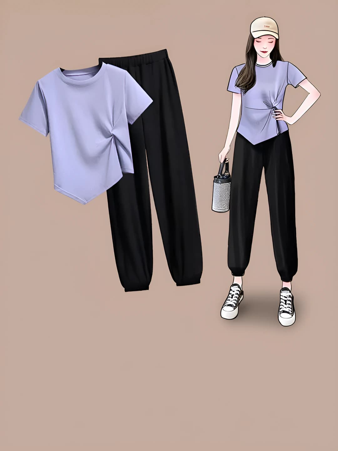 Ayollar uchun kundalik ikki qismli to'plam: T-shirt va bo'sh shim, koreys uslubida, katta o'lcham, nozik ko'rsatadigan, yozgi