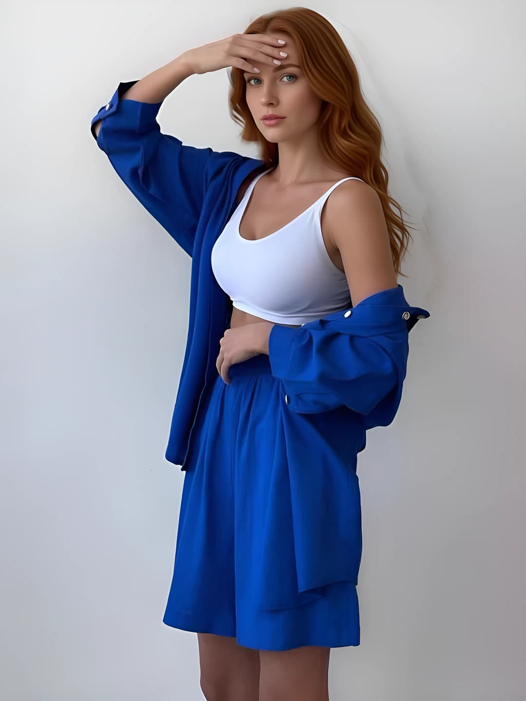 Women's spring casual clothing set: loose fit long sleeve solid colour shirt and short shorts, plus size