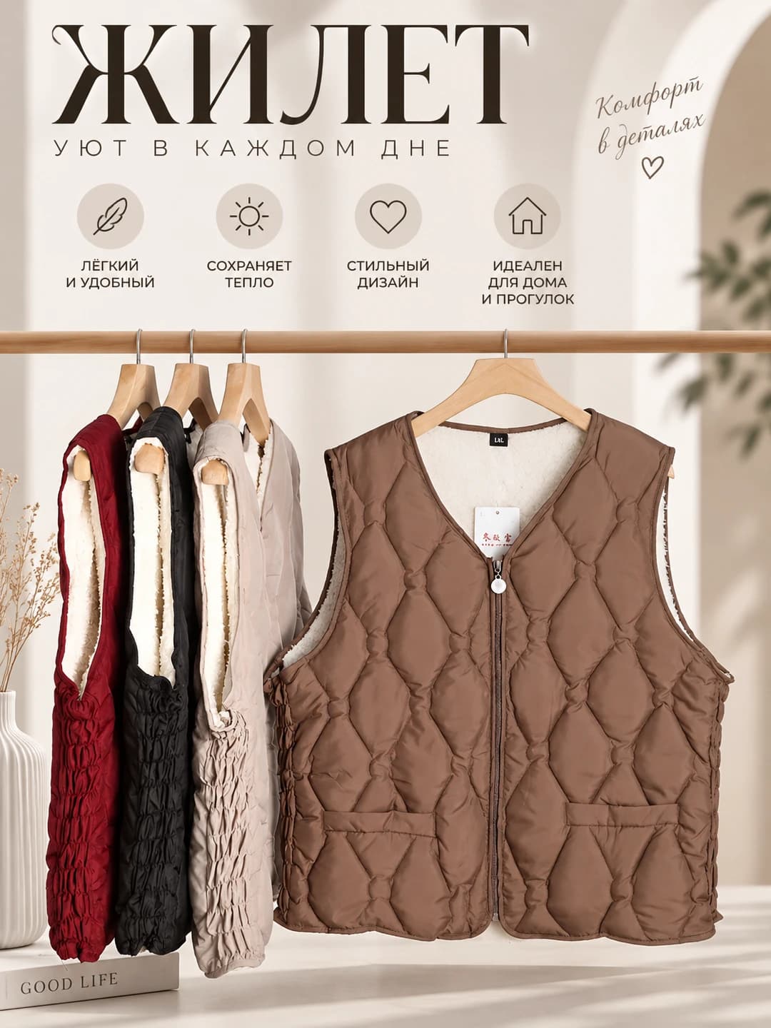 Women's fleece-lined zip vest, V-neck, autumn-winter