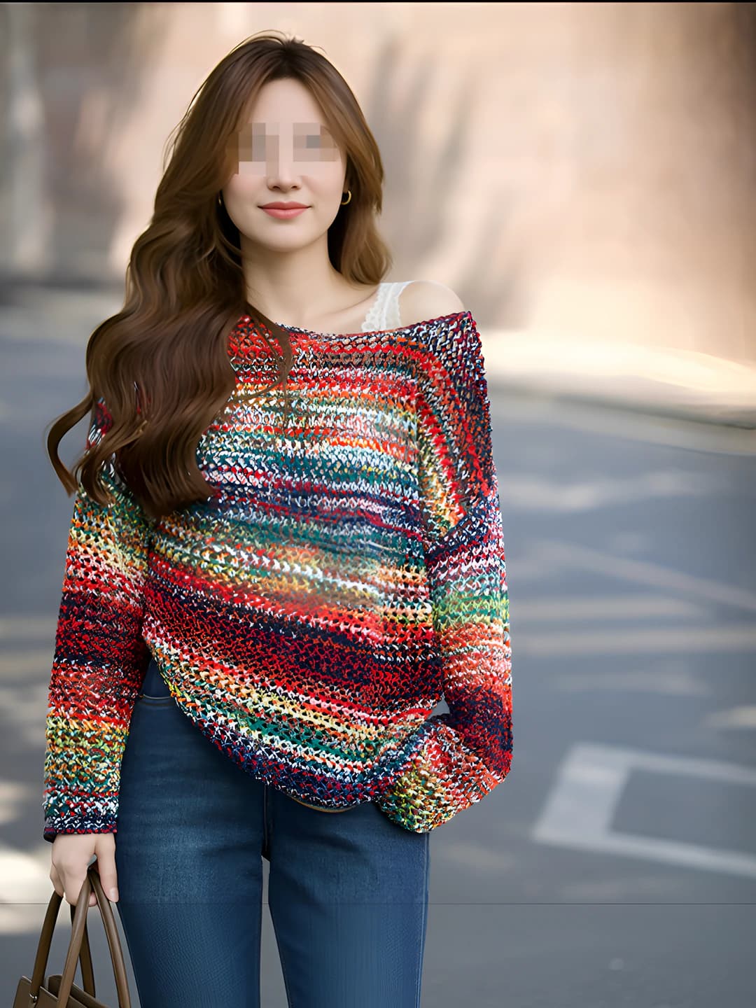Ayollar uchun yupqa chiziqli trikotaj sviter, bo'sh (oversize) kesim, dumaloq yoqa, uzun yeng, kundalik uslub