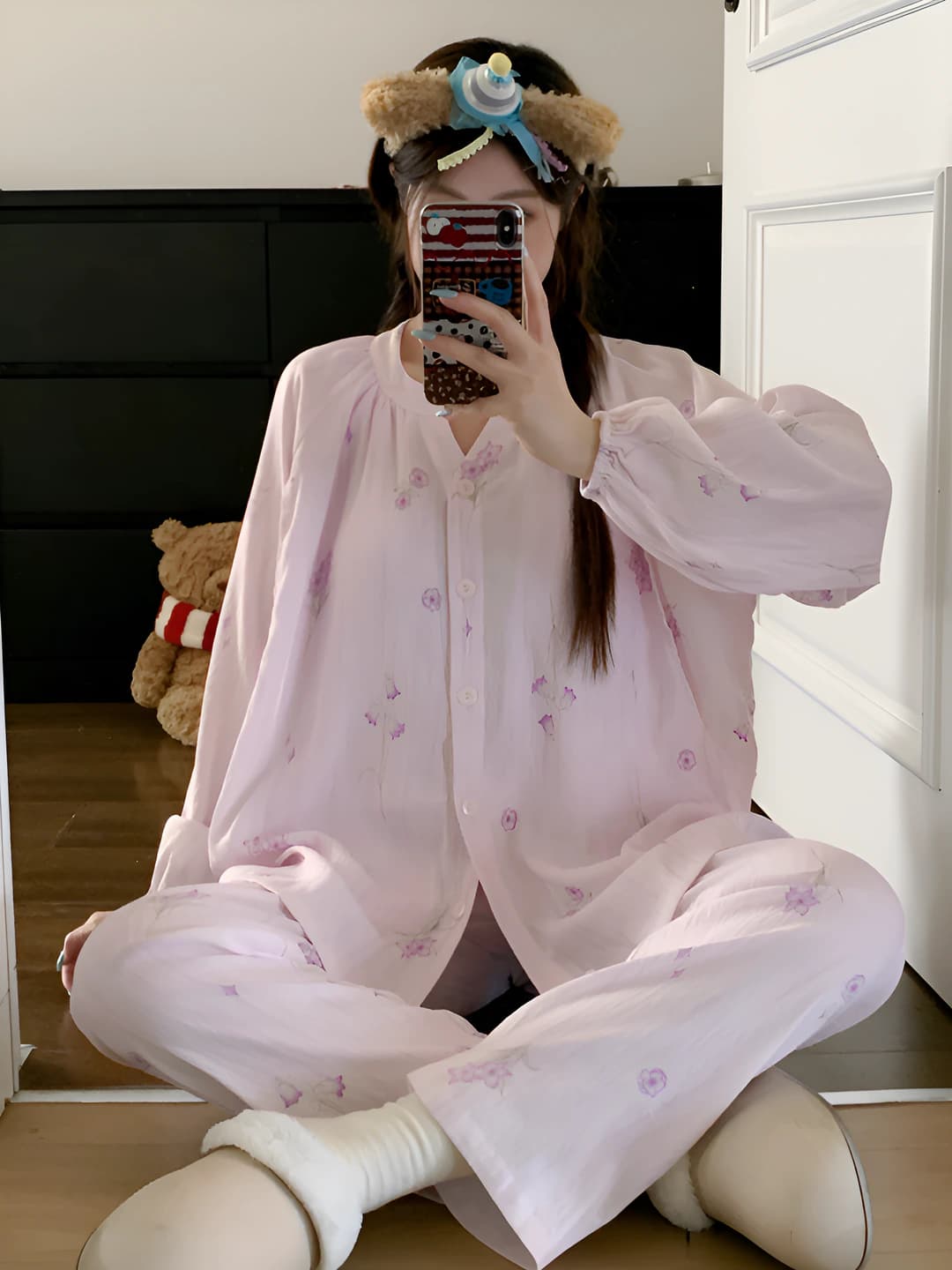 Women's summer, spring and autumn soft fabric set with long sleeve, trousers, crew neck, removable bra pads and headscarf in sweet style