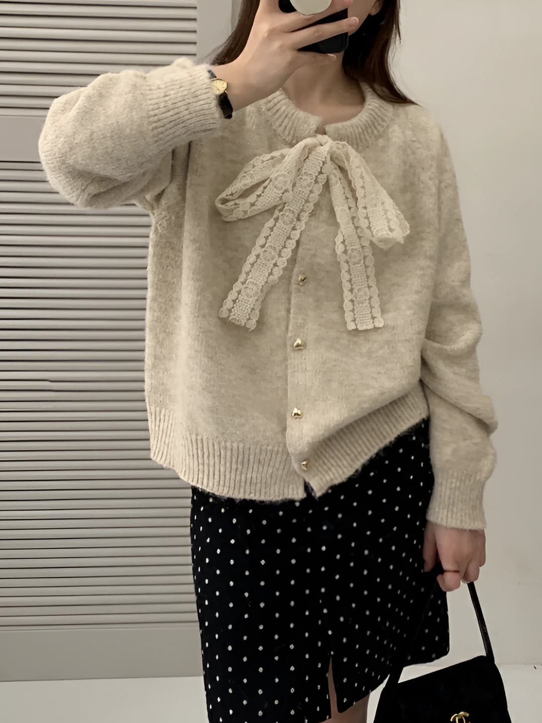 Women's 2026 autumn-winter lace and bow crew neck loose fit knit cardigan, heart-shaped buttons, long sleeve, thick