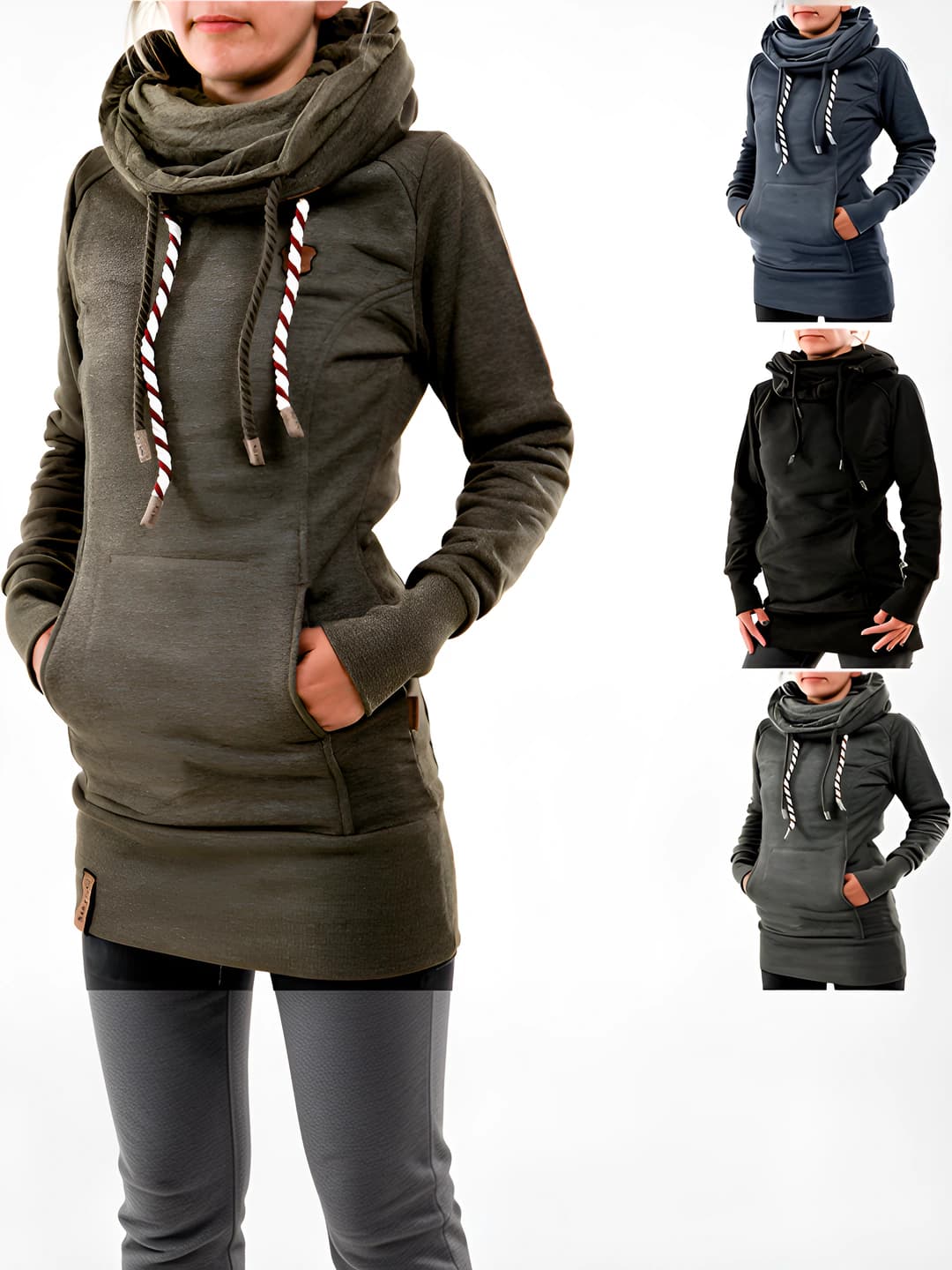 Women's thickened wool hoodie, mid-length, straight cut, long sleeve, solid colour, casual