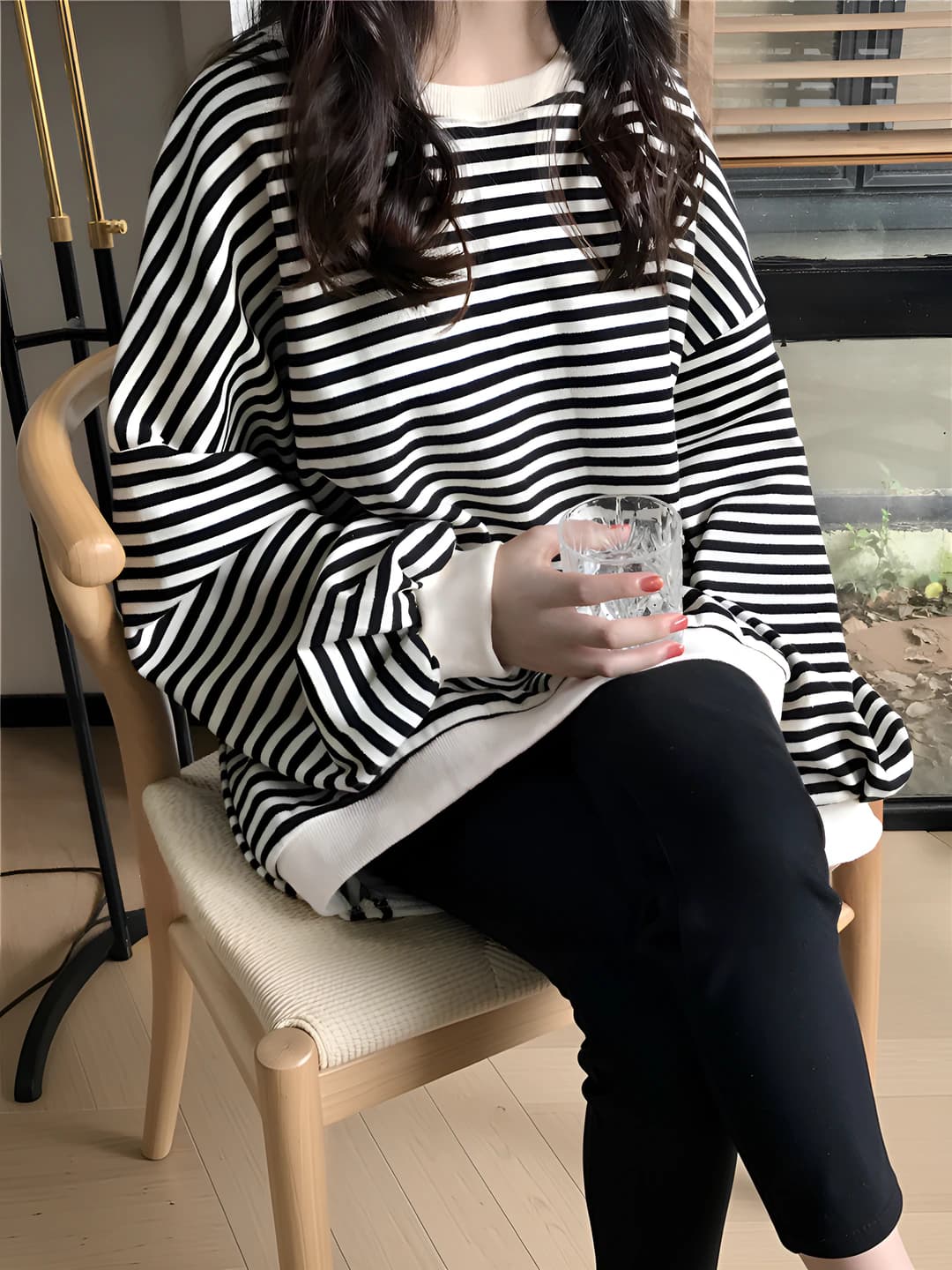 Women's long sleeve striped longsleeve, Korean style, loose fit, plus size, 2026