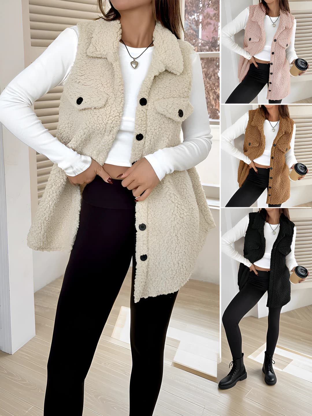 Women's faux shearling vest for autumn-winter 2026, loose fit, lapel collar, solid colour, polyester, button closure, street style