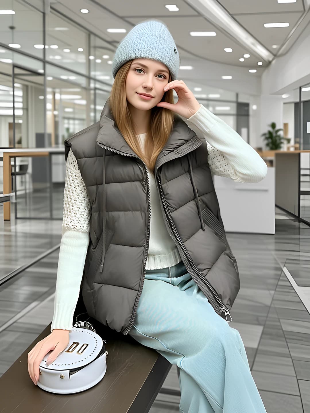 Ayollar uchun qishki sintetik pux to'ldirgichli jilet, tik yoqa, fermuar, bir rangli, bo'sh (oversize) kesim, koreys uslubida