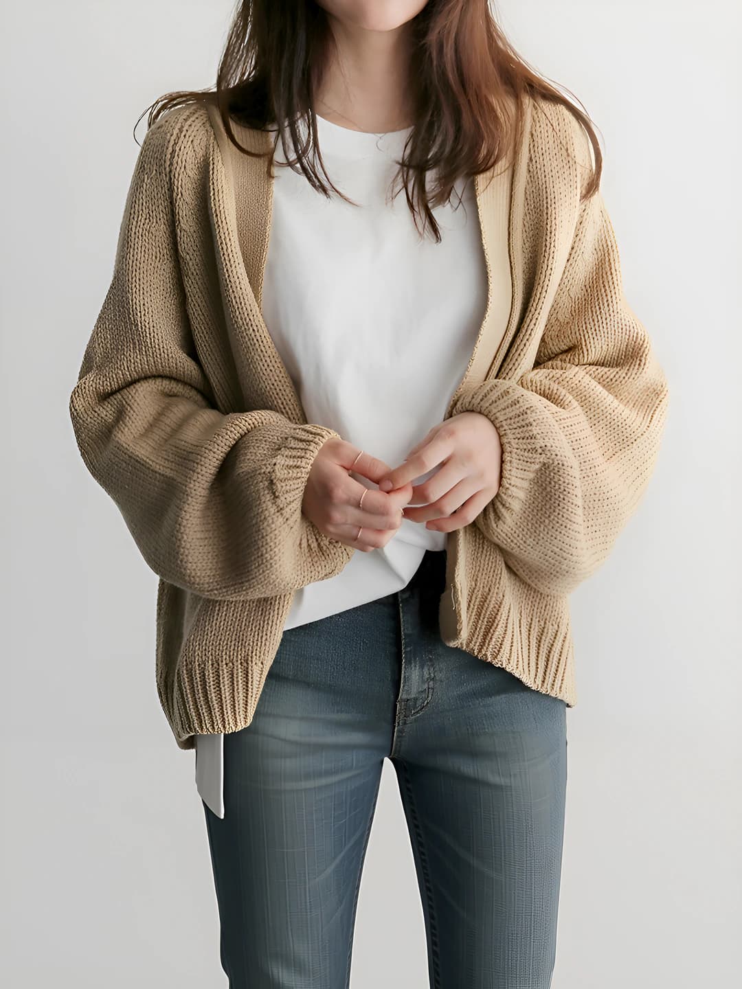 Women's autumn-winter Korean style loose fit long sleeve cardigan, solid colour, retro, 50-65 cm length