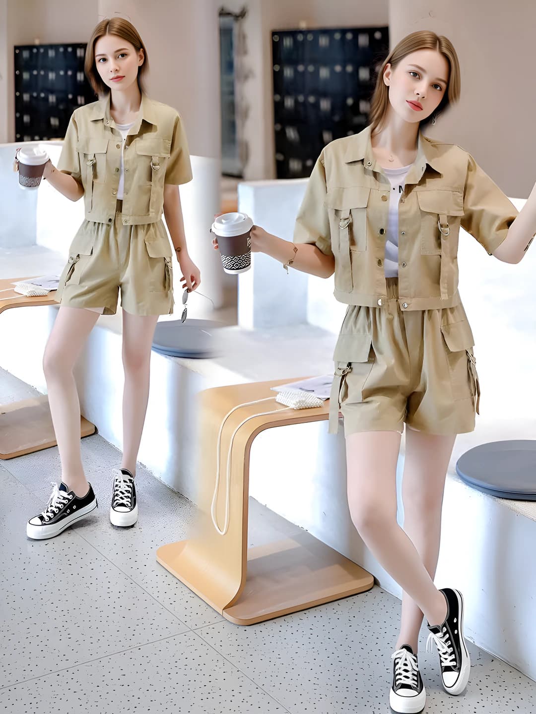 Women's summer sports casual short sleeve shirt and knee-length shorts set, slimming, solid colour