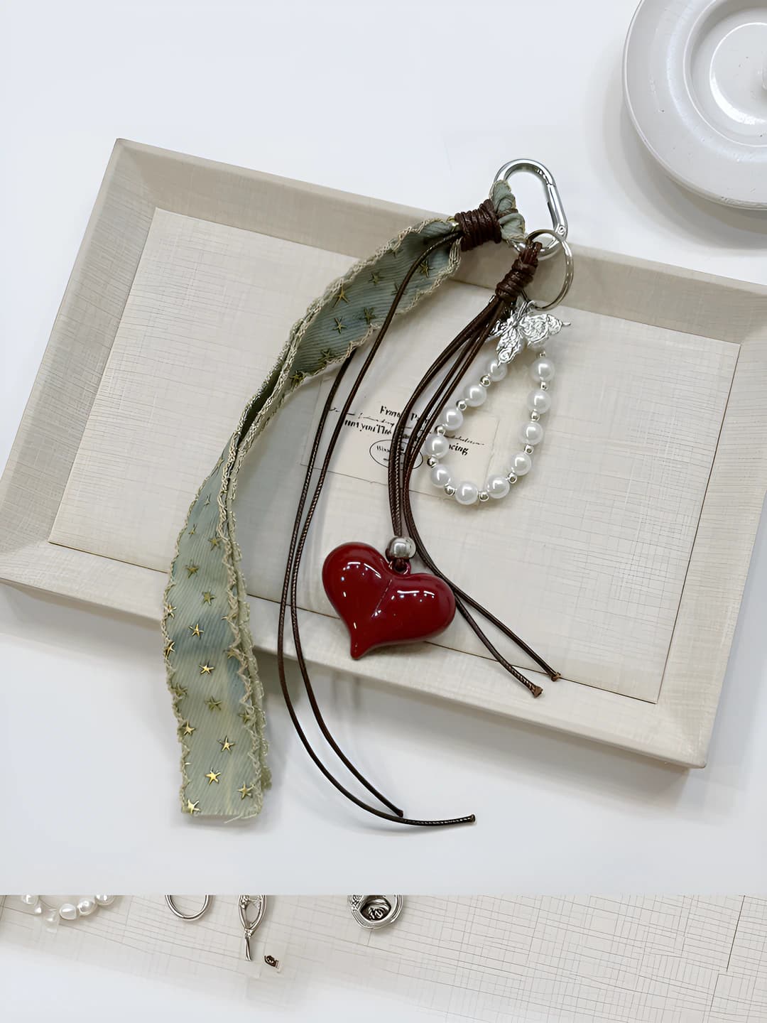 Retro style blue denim heart-shaped keychain bag charm, zinc alloy, semi-handmade, heart, water drop and bell patterns