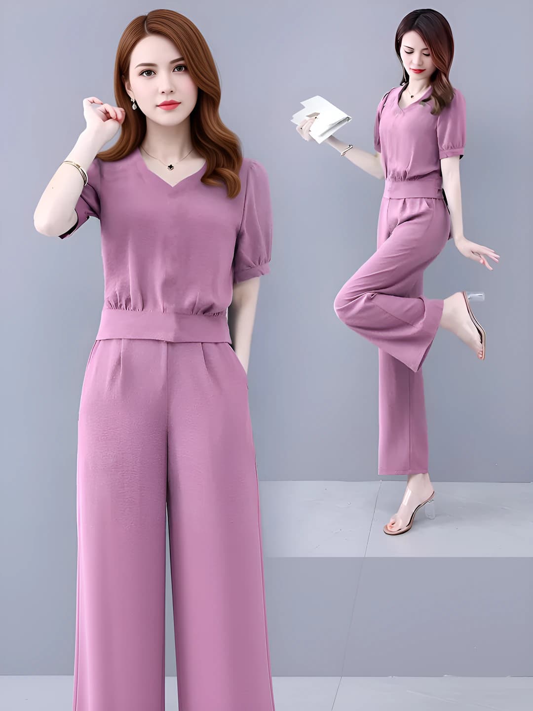 Women's summer two-piece casual set: short-sleeve top and wide-leg trousers, polyester, solid colour
