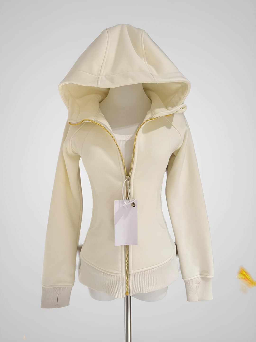 Cream, gold zipper, plush lining