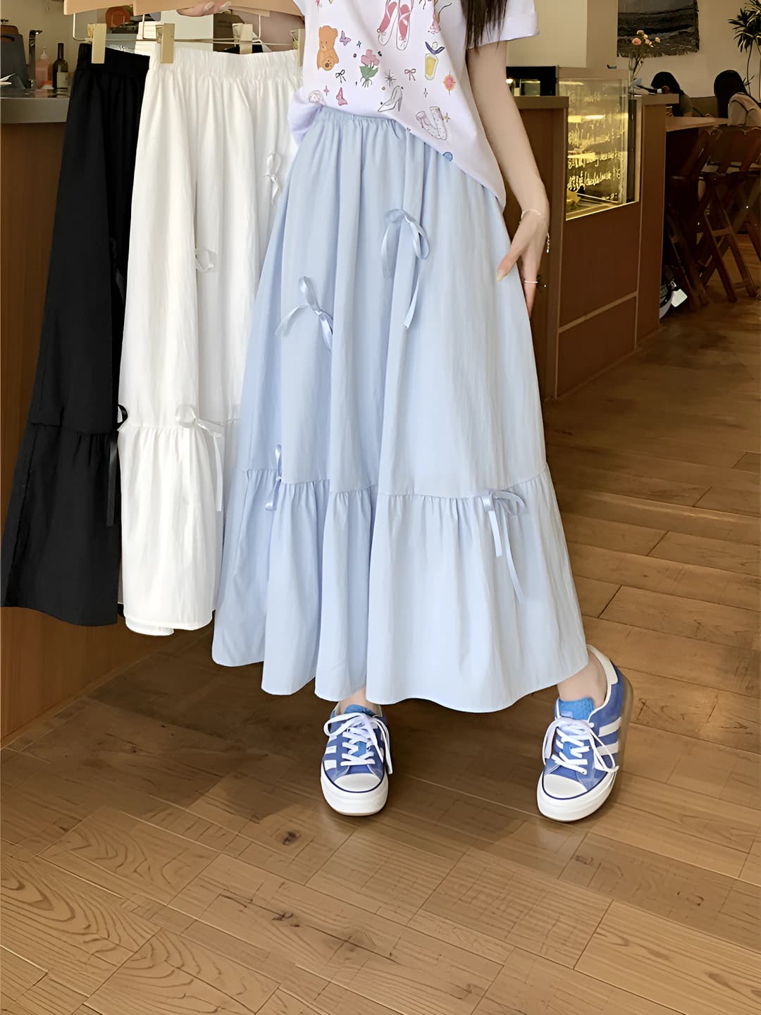 Women's A-line long skirt, solid colour, loose fit, polyester, summer, with bow