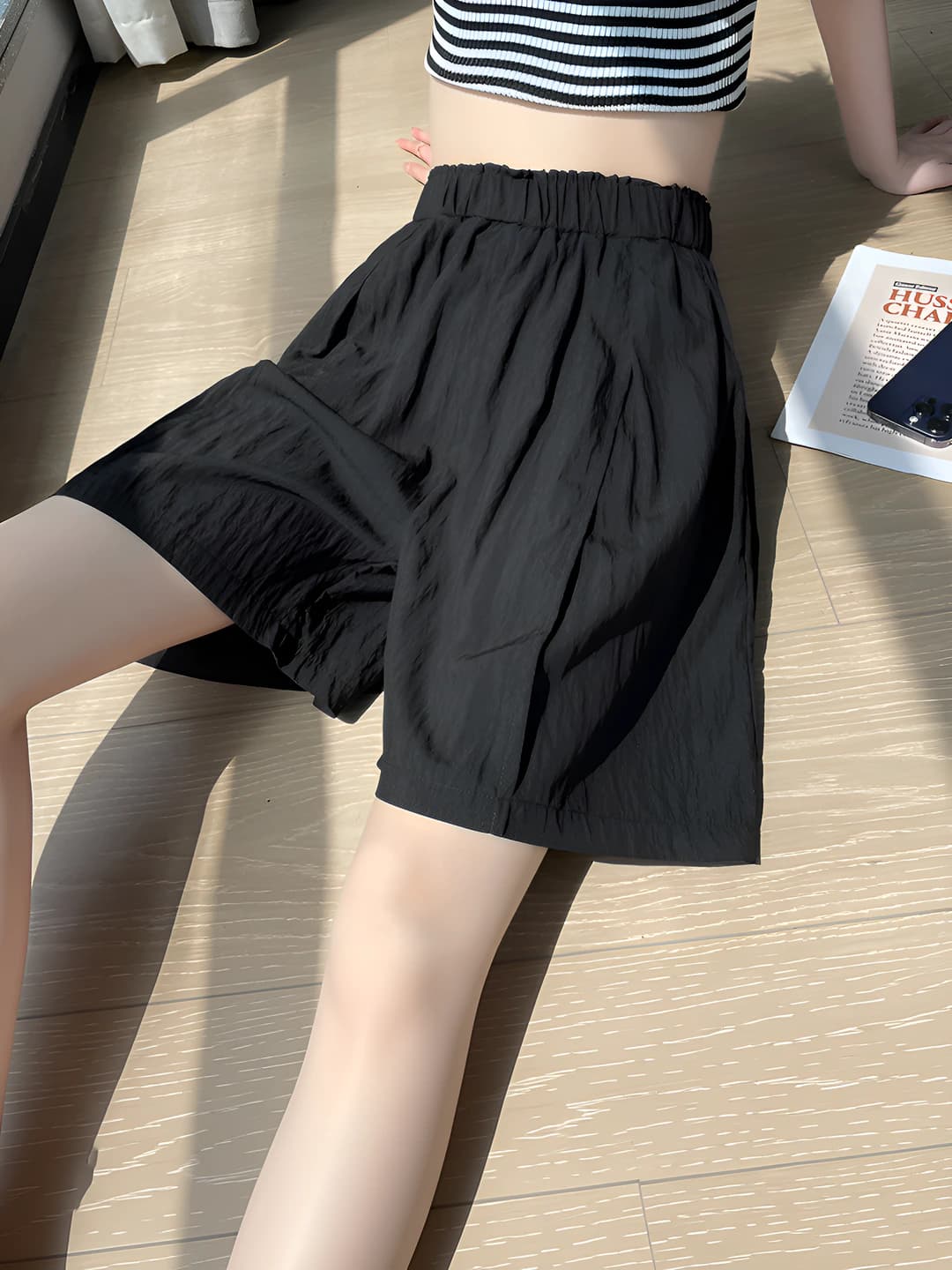 Women's summer thin ice-silk fabric straight cut loose fit sports knee-length shorts, high waist, 2026