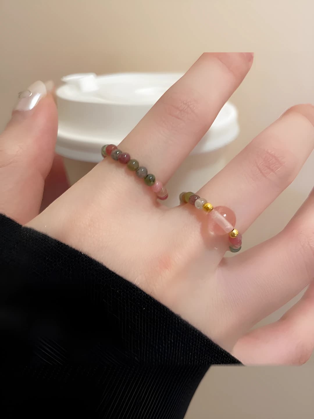 Women's retro ring set with large tourmaline beads on stretch cord for index finger