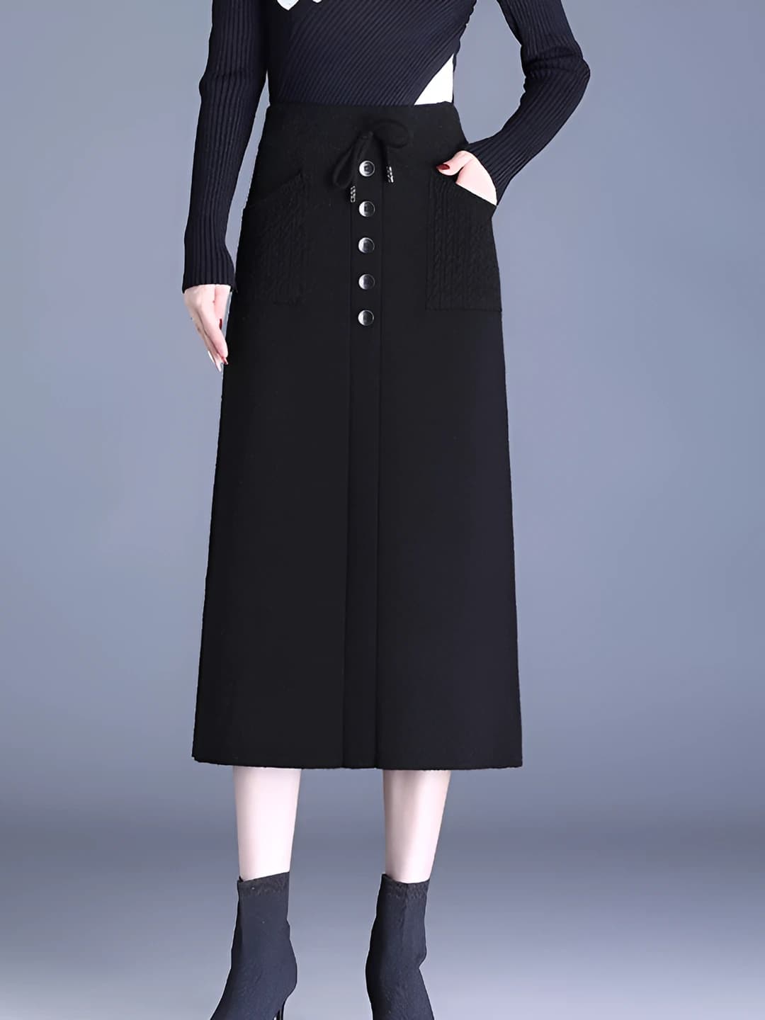 Women's A-line thickened cashmere skirt, autumn-winter, high waist, mid-length, slimming, solid colour