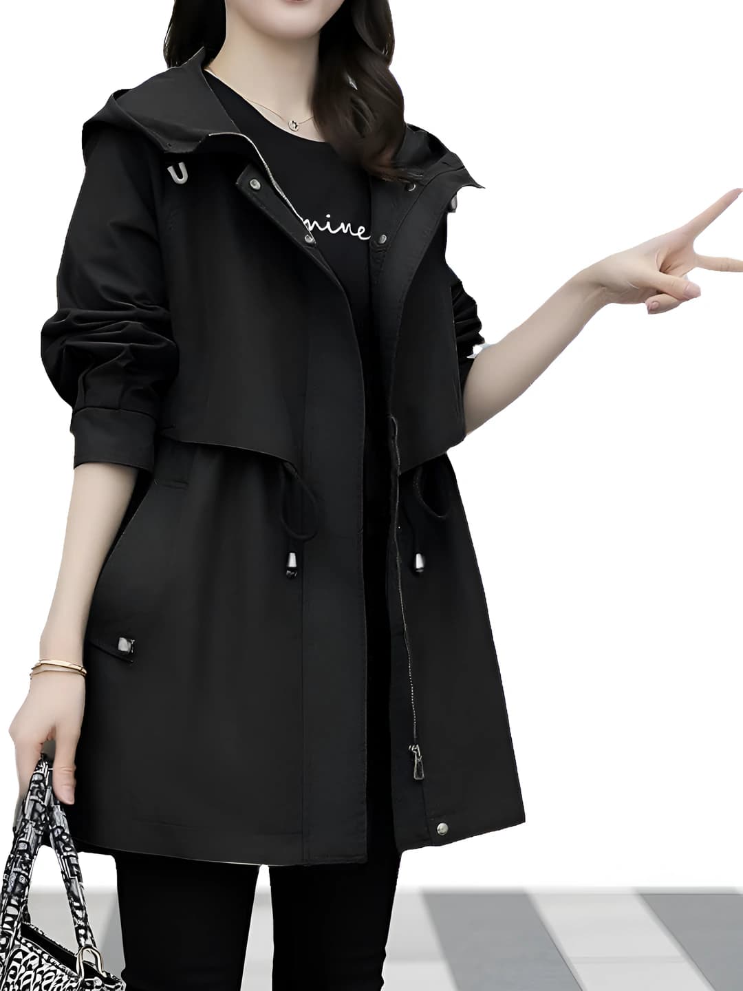 Women's trench coat: spring-autumn, mid-length, loose fit, plus size, casual, zip, long sleeve, polyester