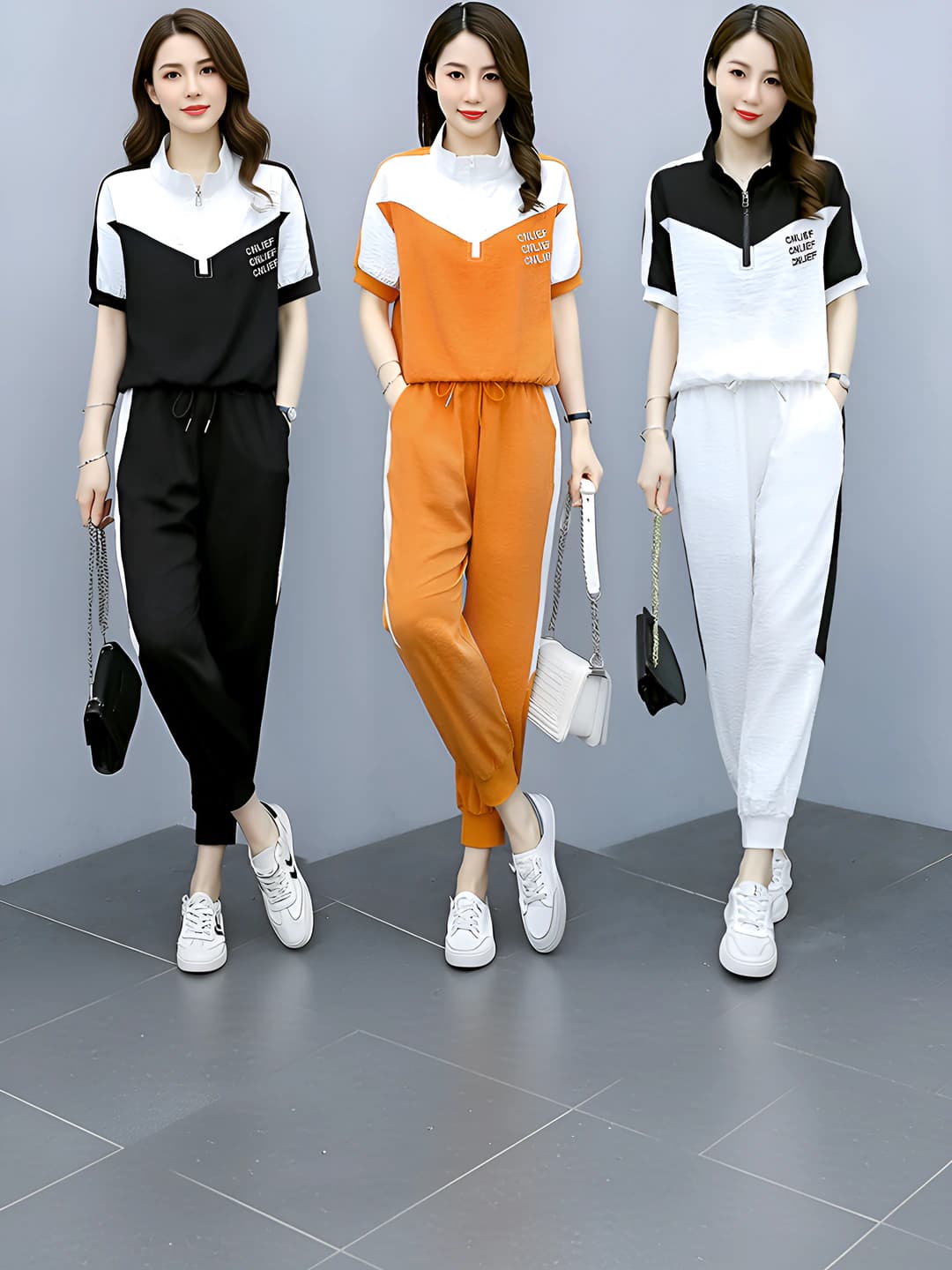 Women's 2026 summer tracksuit: two-piece set with short-sleeve T-shirt and jogger pants, geometric pattern, color block, casual sports style