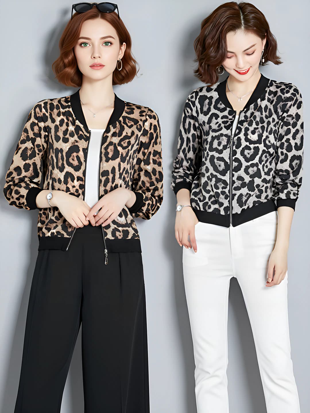 Ayollar uchun yengil kurtka va vetrovkalar: yozgi quyoshdan himoyalovchi, bosma naqshli (leopard), fermuarli, tik yoqali, uzun yengli, bo'sh (oversize) kurtka