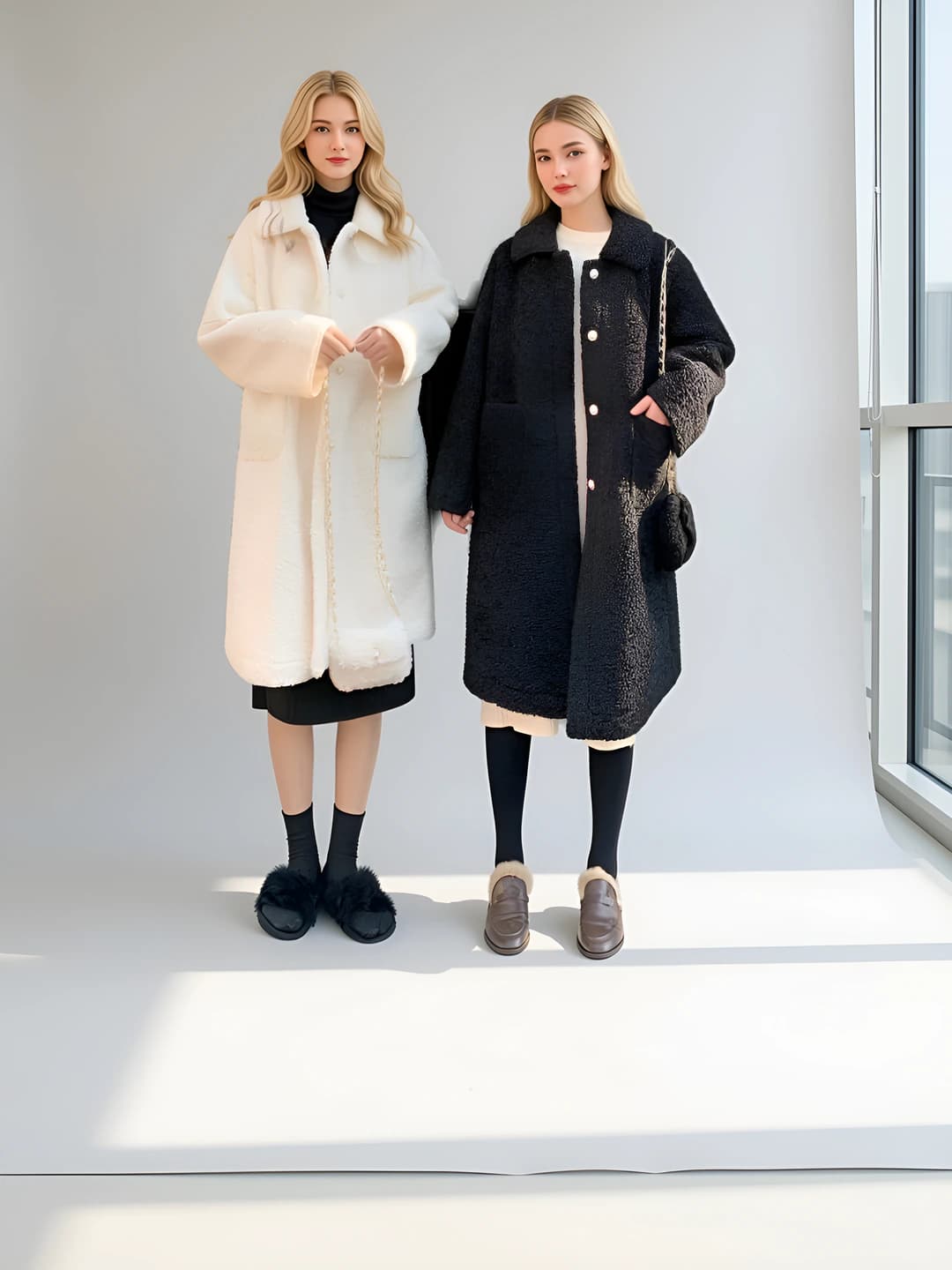 Женское пальто (faux fur) с начёсом, утеплённое, с принтом, свободного кроя, с длинным рукавом, V-образный воротник, удлинённое, осень-зима