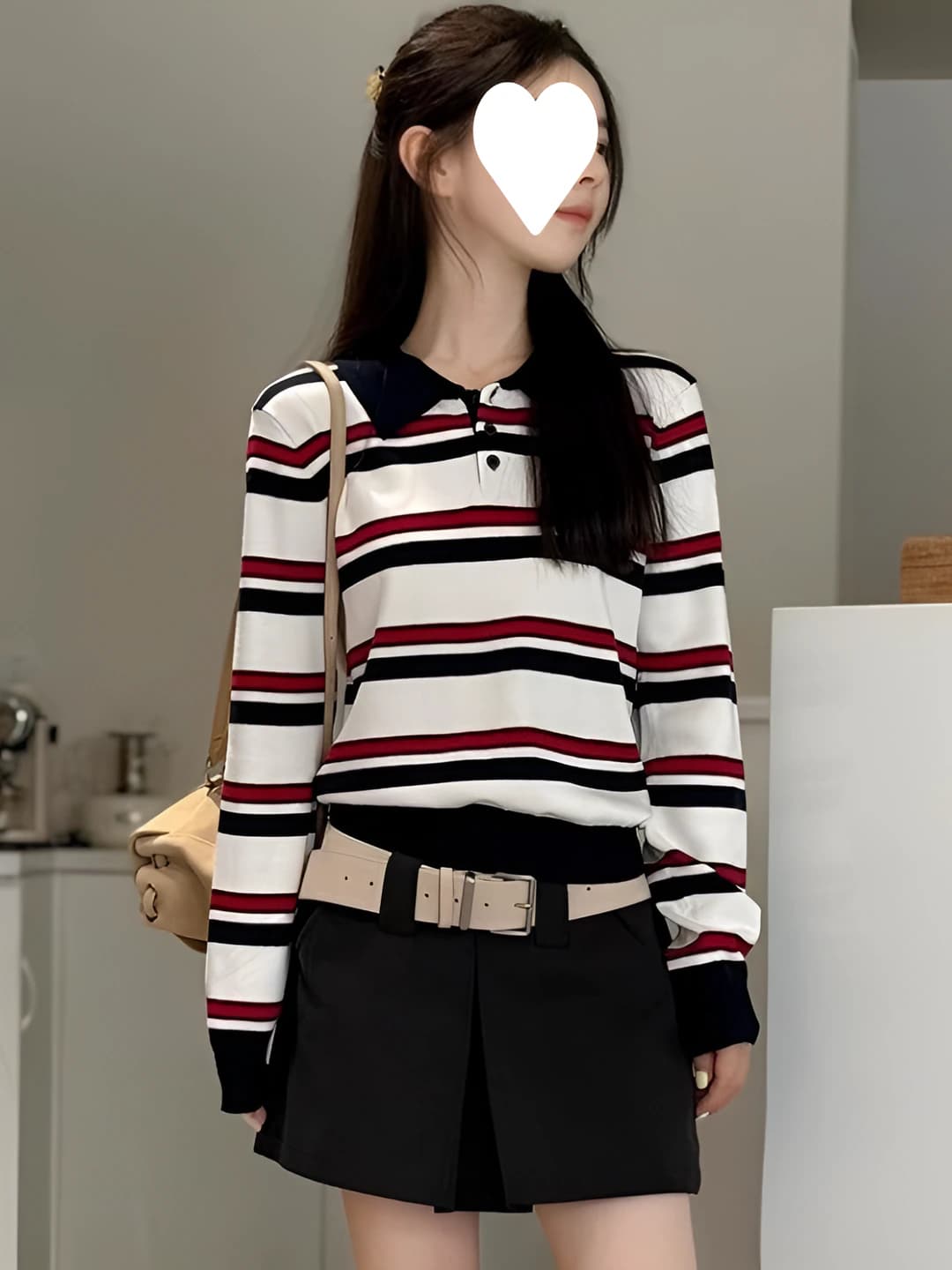Women's striped knit top, preppy style, lapel collar, long sleeve, for petite