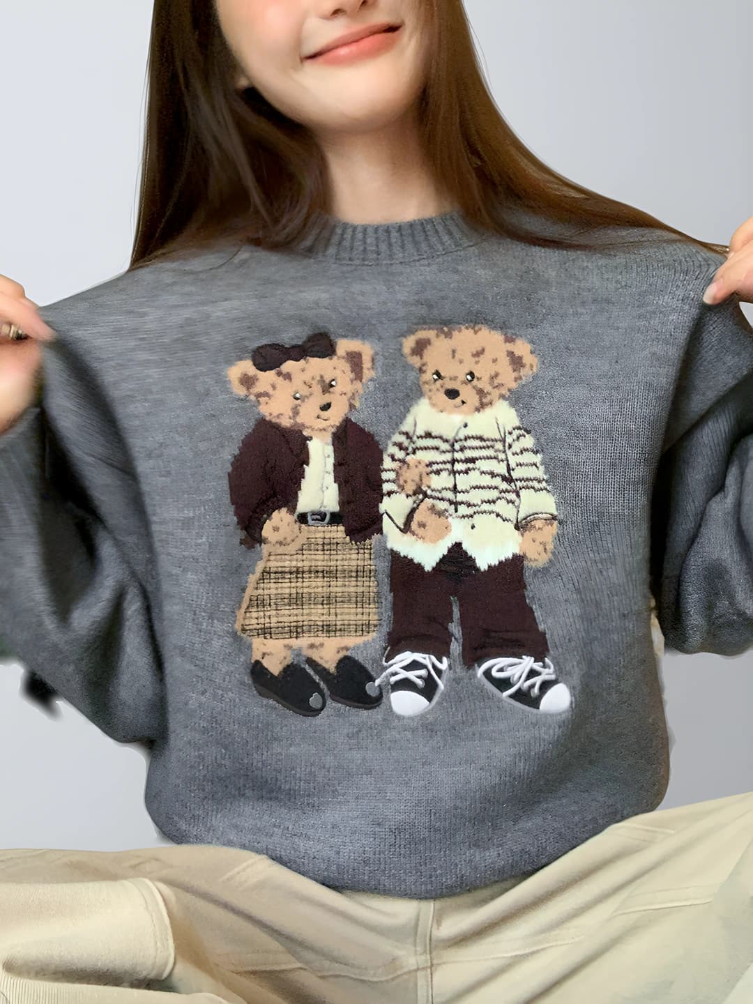 Women's retro crew neck long sleeve loose fit knit sweater, Korean style, autumn, for petite
