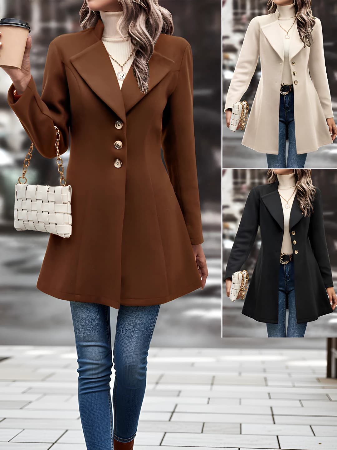 Women's autumn-winter 2026 solid colour slim fit lapel collar long sleeve mid-length polyester outerwear (coat)