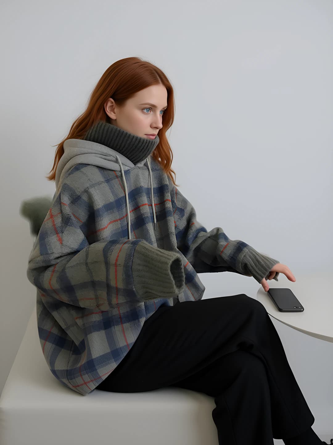 Women's fleece-lined thickened checked loose fit long sleeve autumn-winter hoodie