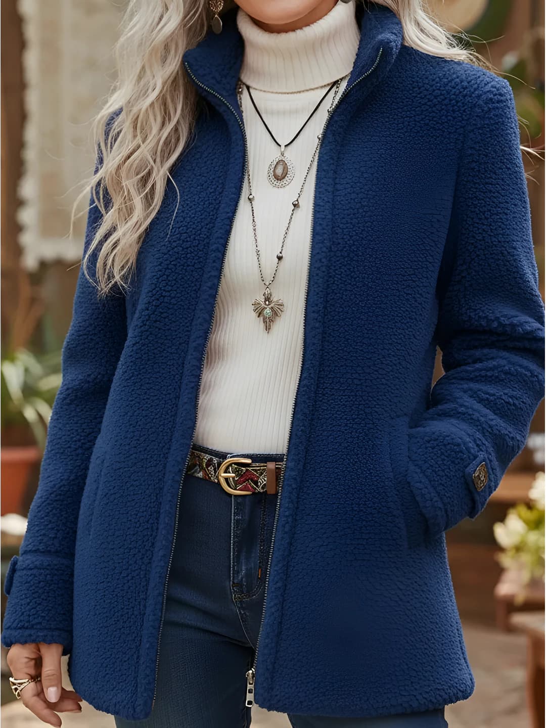 Ayollar uchun qishki uzun yengli tik yoqali fermuarli bir rangli bo'sh (oversize) kesimli polyester yungli ustki kiyim (kurtka)