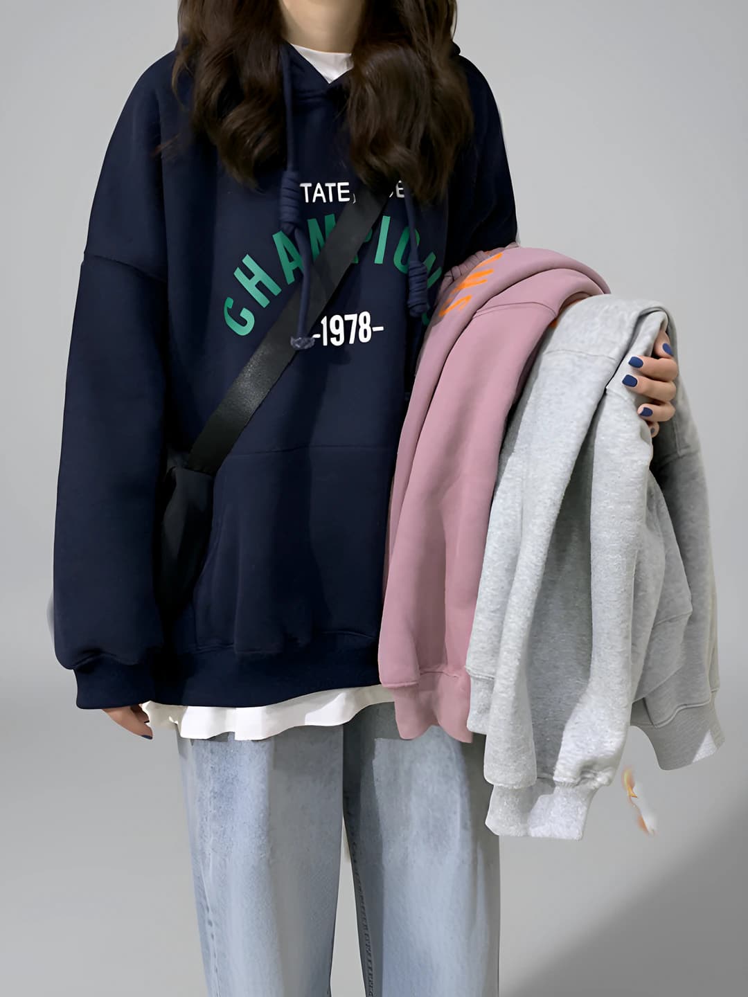 Women's fleece-lined, thickened, loose fit, long sleeve, printed, Korean style hoodie