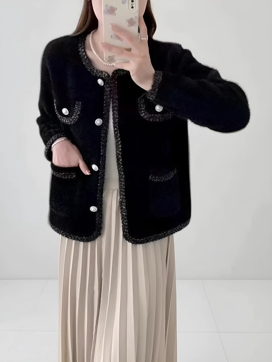 Women's autumn-winter loose fit crew neck long sleeve cashmere knit cardigan, solid colour, casual style
